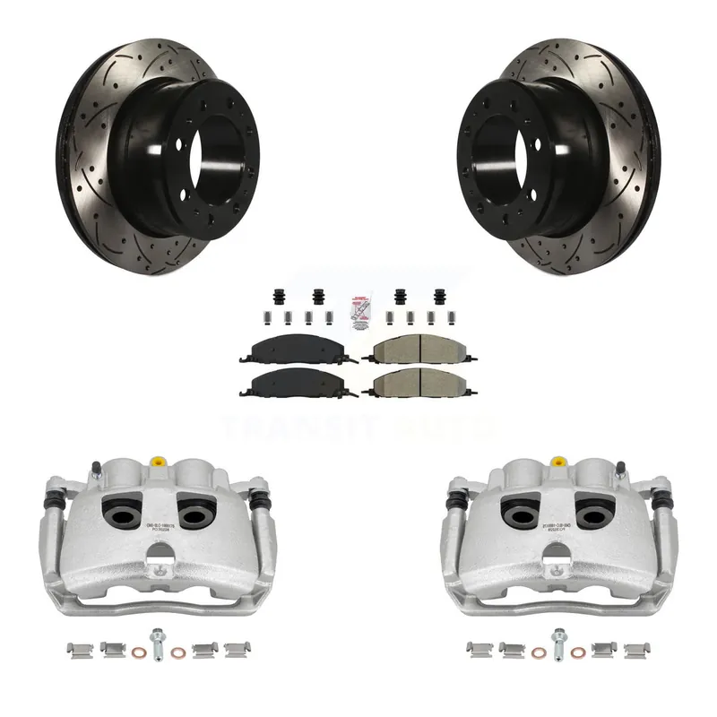 Rear Brake Coated Caliper Drill Slot Rotor Semi-Metallic Pad Kit For Ram 3500 2500 Dodge KCD-101590N Today Only